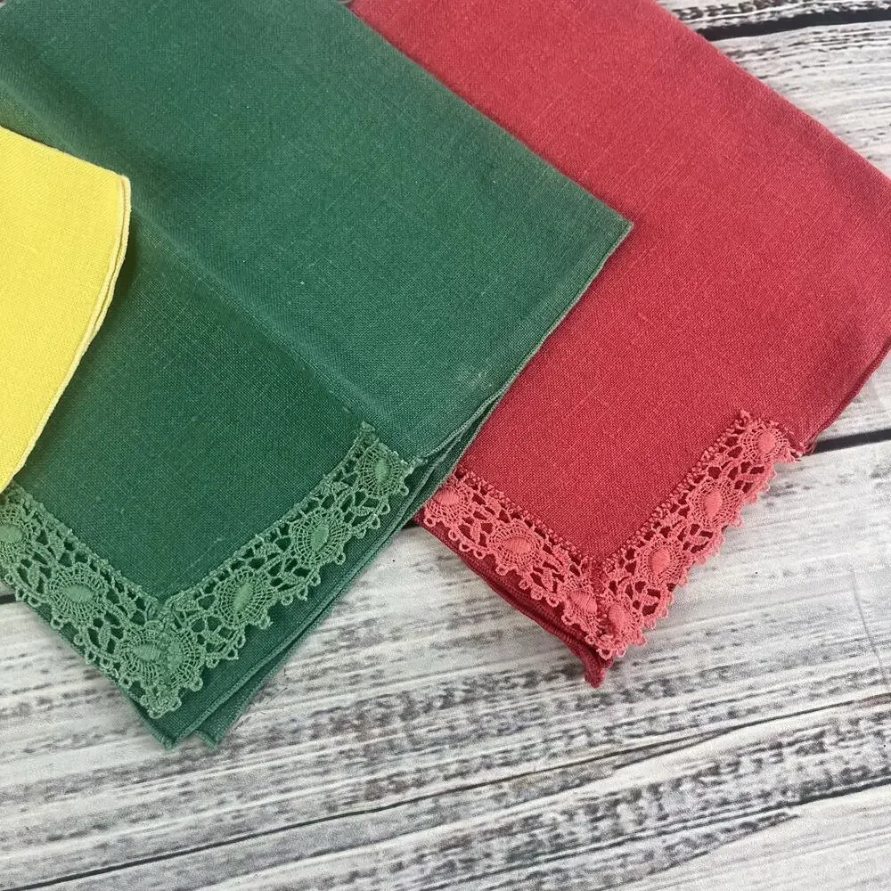 Vintage 4pc Linen Square Napkins Handkerchief Set Red Green Yellow Lace 14.5